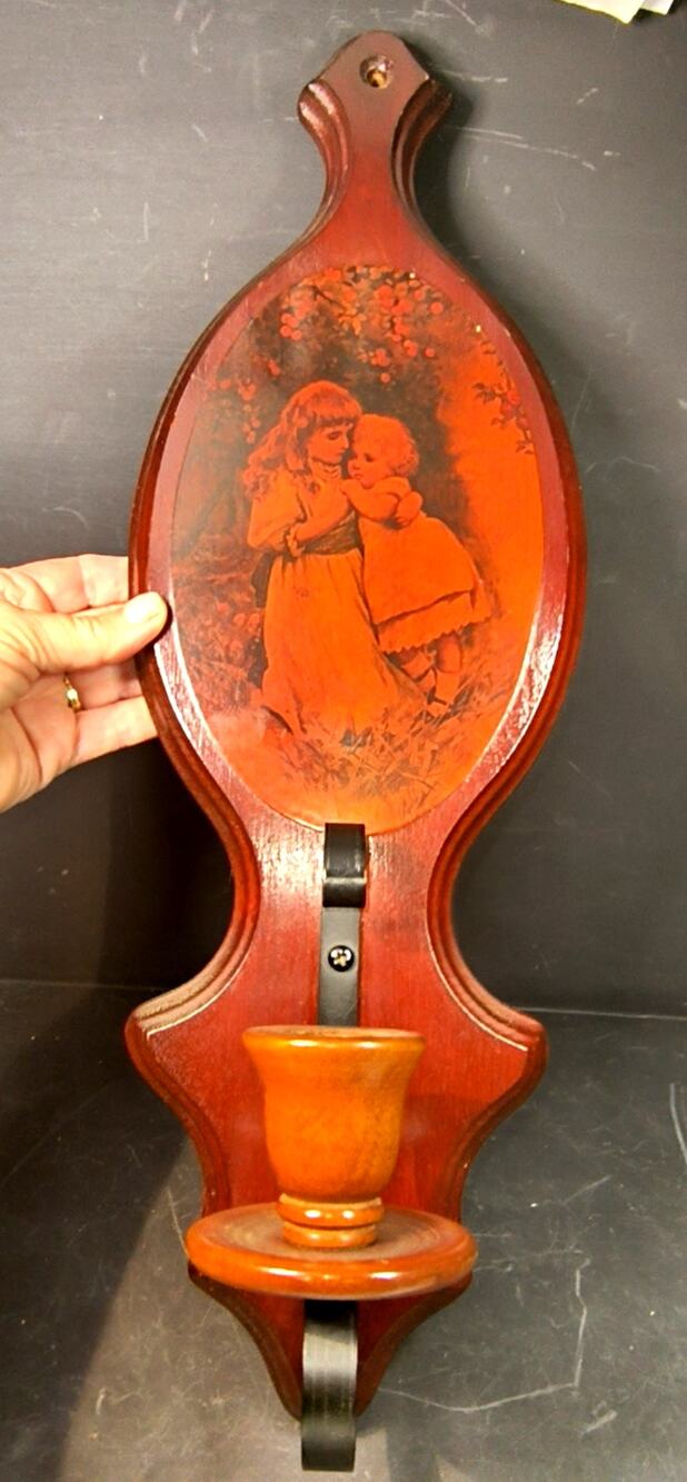 1815.  Wooden Wall Candle Sconce Decoupage Age of Innocence Wrought Iron